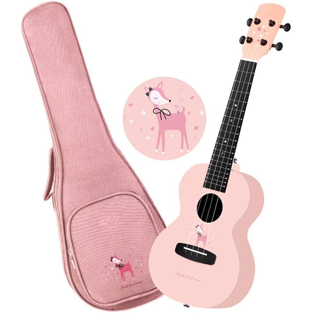 Classical Guitar 23 Inch 4 String Hawaiian Ukulele with Bag Sound Source Deer Pattern Cute Girl Student Easy to Learn and Play (Color: As shown, Size: 23 Inch)