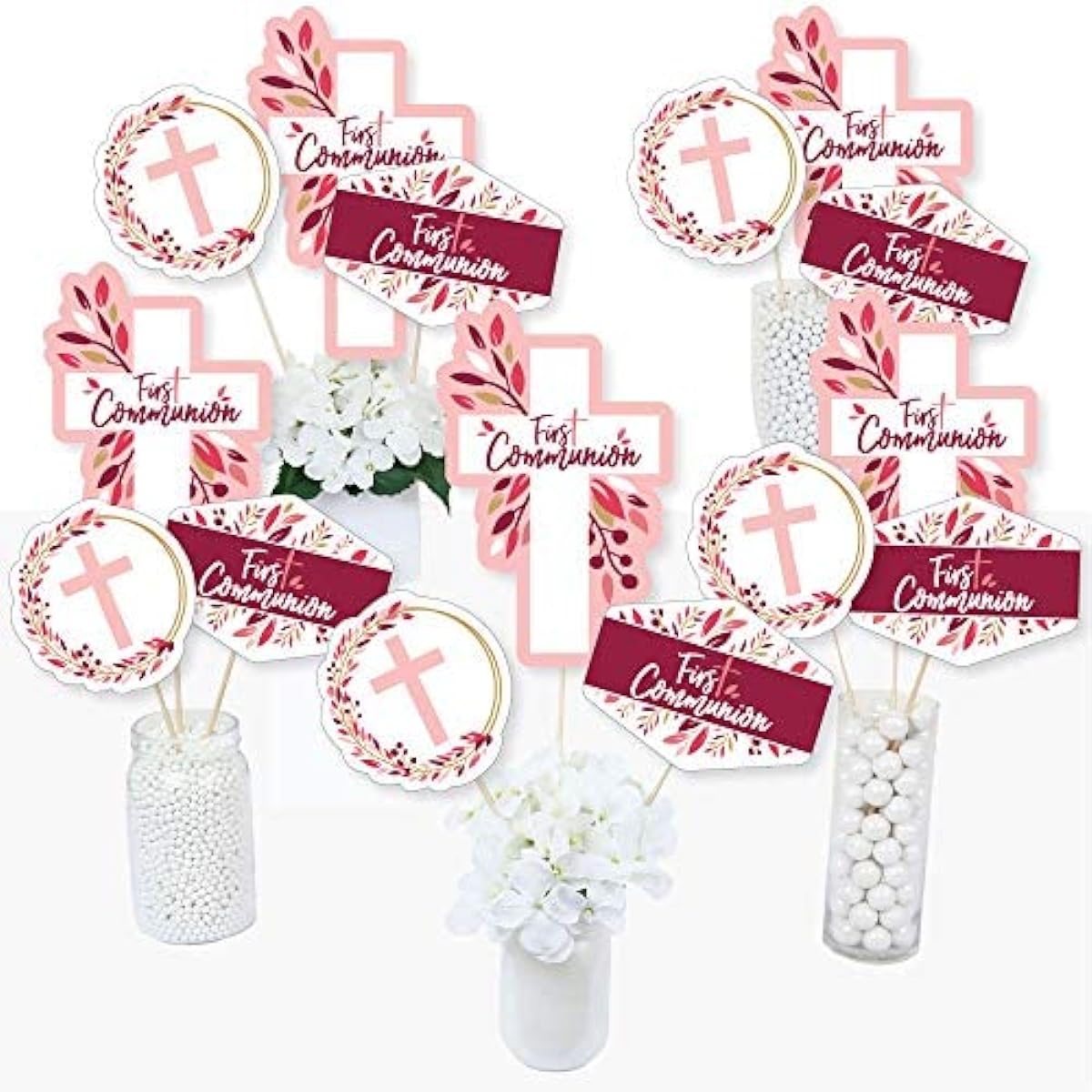 First Communion Pink Elegant Cloth - Girls Religious Party Centerpiece Stick - Table Topper - Set of 15