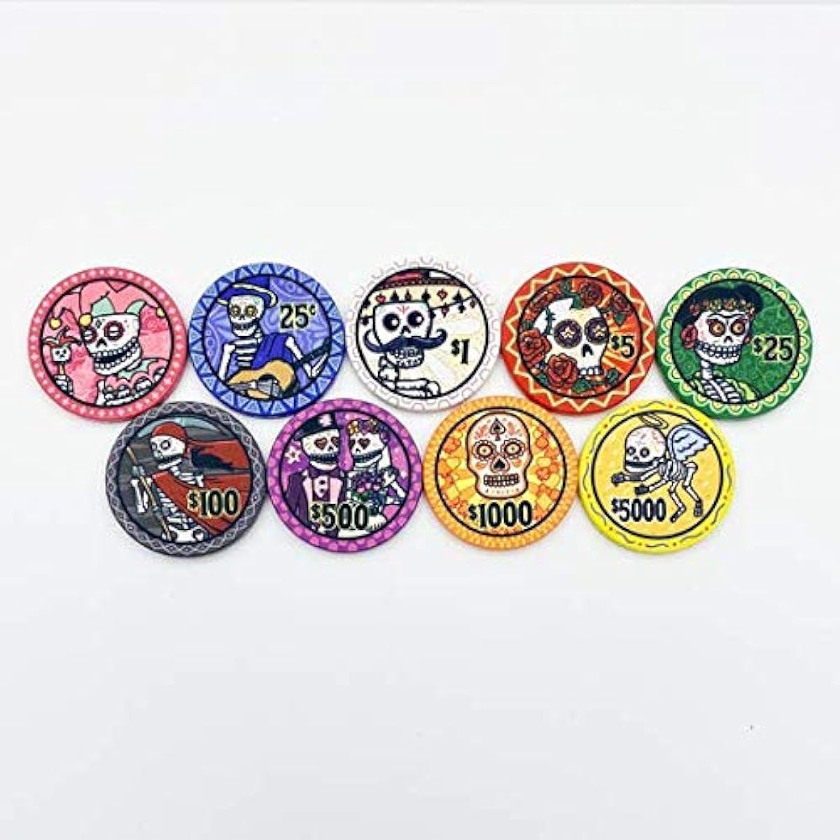 Nevada Jacks Dia de Los Muertos Poker Chip Sample Set - 9 Ceramic Chips and Denominations
