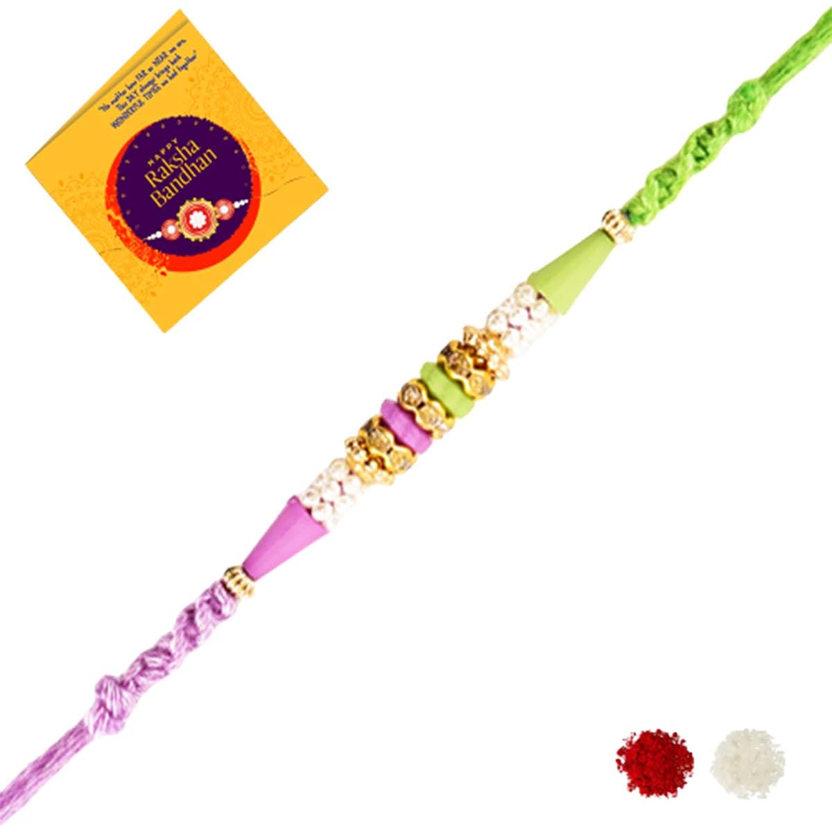 Beingelegant Pink & Green Attractive Rakhi for Brother with Roli Chawal and Rakshabandhan Greeting Card Ceramic Pearl, Ceramic, Pearl