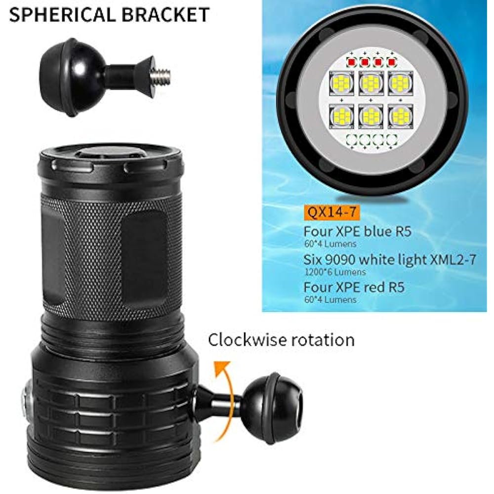 SecurityIng Diving Light Red Blue White Light 8000lm IPX-8 Waterproof Underwater 80M 120 Degree Wide Beam Scuba Diving Light Underwater Photography Video Flashlight Diving Night Fishing Camping Diver Light (Batteries Sold Separately)