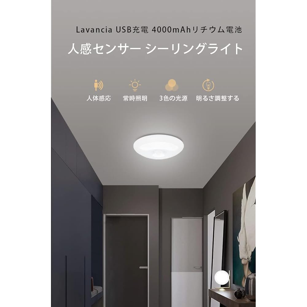 [Lavancia] USB Charging 4000mAh Lithium Battery Motion Sensor Ceiling Light, LED Ceiling Light LED Sensor Light, Night Light Stepless Continuous Dimming Color Energy Saving No Wiring Required No Strobe, Entrance Bedroom Japanese Room Kitchen Washroom Cei