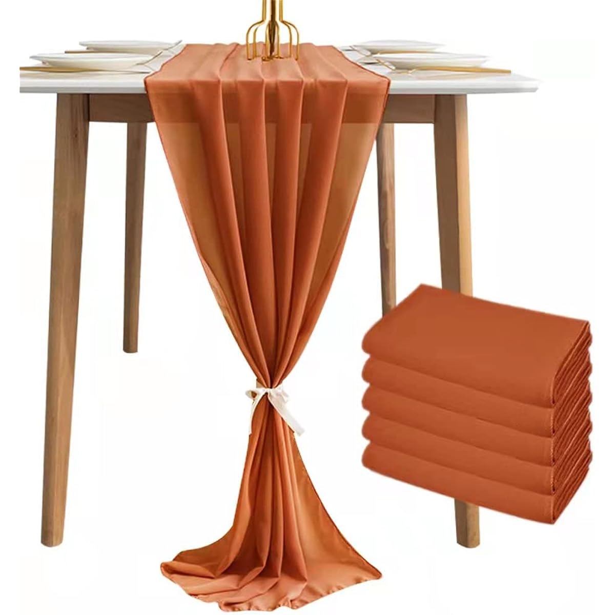 Joanlody 5pcs Terracotta 10ft Chiffon Table Runner 28x120inch Sheer Rustic Wedding Table Runner Overlay for Bridal Party Baby Shower Decorations