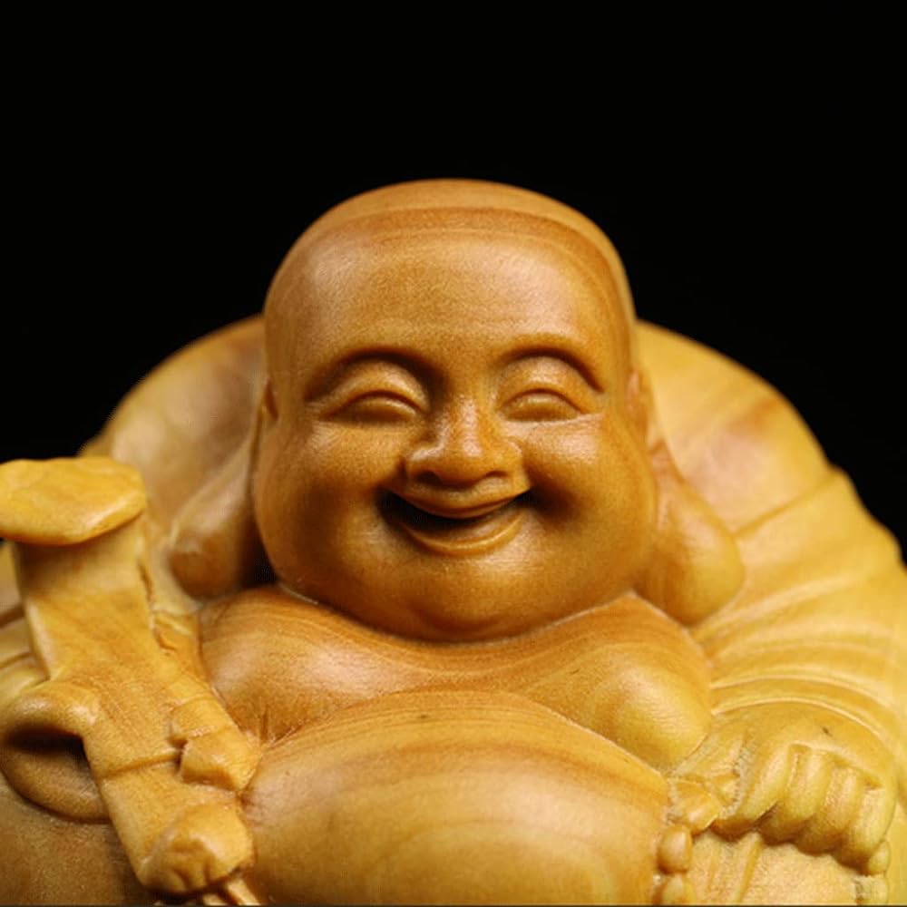 Buddha Statue Wood Carving Mini Seven Lucky Gods Hotei Ornament High Quality Boxwood Wood Carving Wooden Carving Money Luck Amulet (Width 7cm)