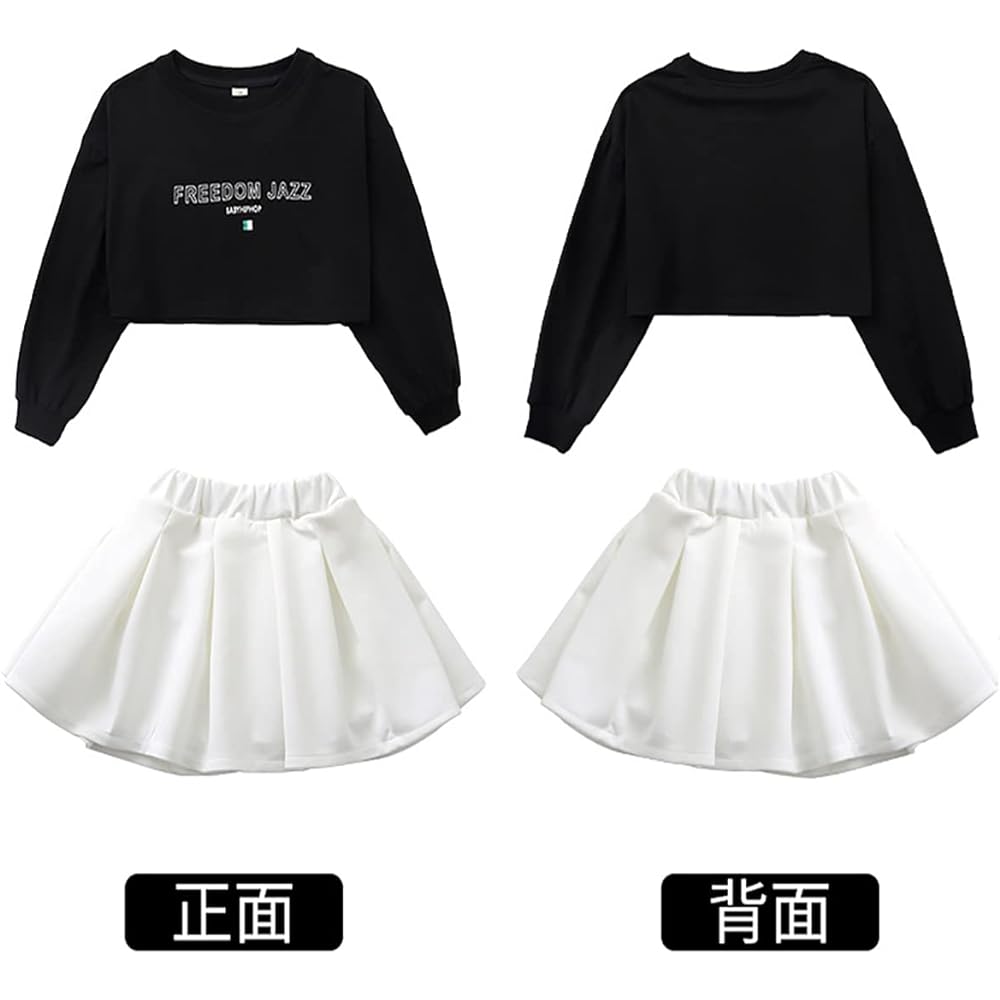 [YuWan] Dance Costume, Kids Setup, Girls' Skirt, Long Sleeve, Sweatshirt, Navel Baring, Top and Bottom Set, Girls' Jersey, Dancewear, Jazz Dance Clothes, Hiphop, Children, Korean Clothes, Stylish