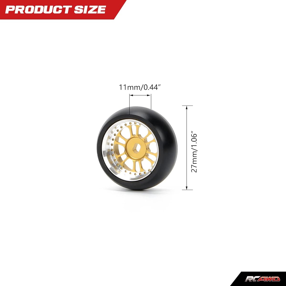 RCAWD Alloy Rim Wheels Classic Drift Tires Width 11mm OD 27mm 12 Spokes 4pcs 1/28 Wltoys K969 K989 P929 Kyosho Mini-Z Mini-Q Mini-D Upgrade Parts (Yellow)
