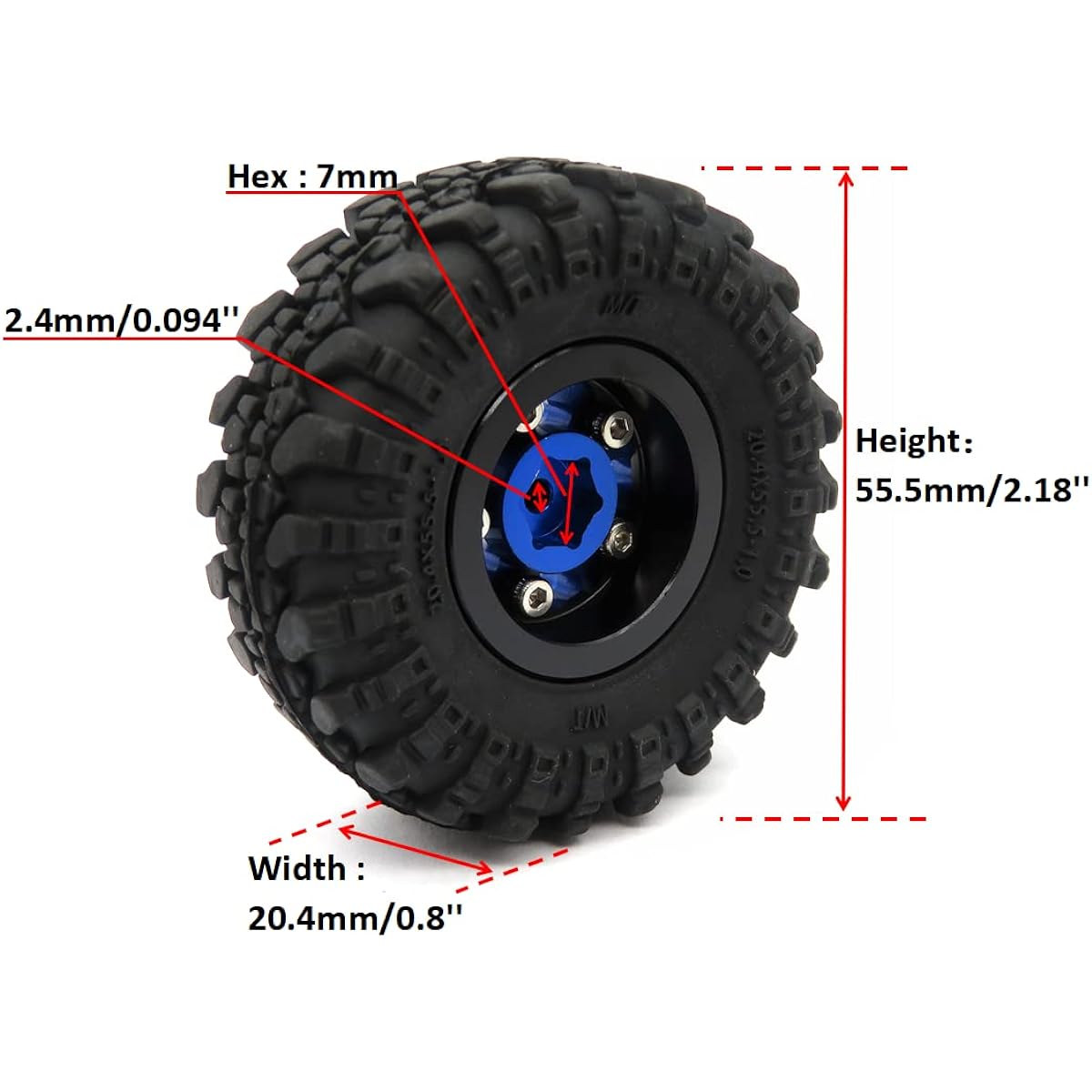 HOBBYSOUL 1/24 Tire & Heavy 1.0 Beadlock Wheels Blue Silver Rims RC 1.0 Beadlock Wheels and Tires for 1:24 RC Crawler Axial SCX24 Traxxas 1/18 TRX4M Bronco (4 Pack, Pre-assembled)