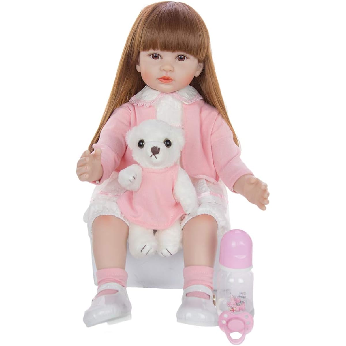 Reborn Baby Silicone Doll Soft Body 24inch Toddler Doll 60cm Pink Clothes Long Hair Birthday Day Gift