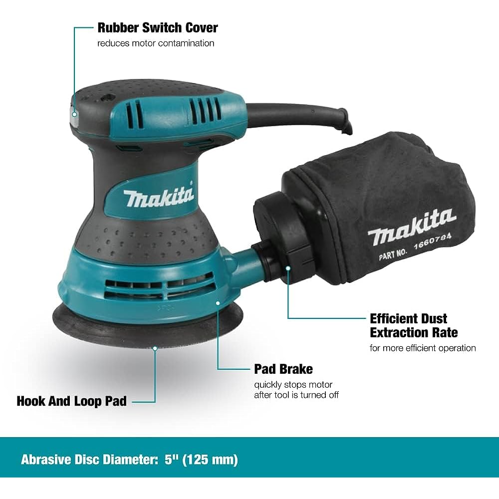 Makita Random Orbit Sander Paper Dimensions 125mm Power Cord Type Dust Bag Sanding Disc (Grain Size #60, #120, #240 5 Pieces Each) BO5030