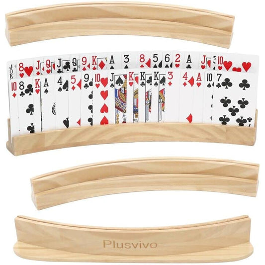 plusvivo Curved Playing Card Holder Set of 4 for Seniors/Adults - Sturdy Wooden Card Holders for Playing Cards 13 x 1.9 x 2.4 Inches for Bridge Canasta Strategy Foot & Hand