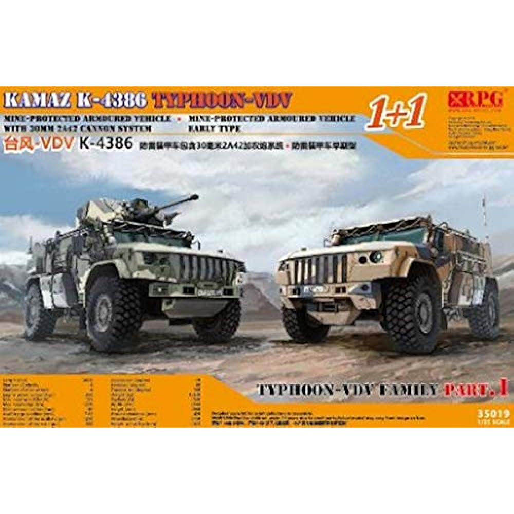 RPG Scale Model 1/35 Russian Army Wheeled Armored Vehicle Typhoon VDV K-4386 2-Car Set (30mm 2A42 Machine Gun Type & Mine Protection Type Early Type) Plastic Model 35019