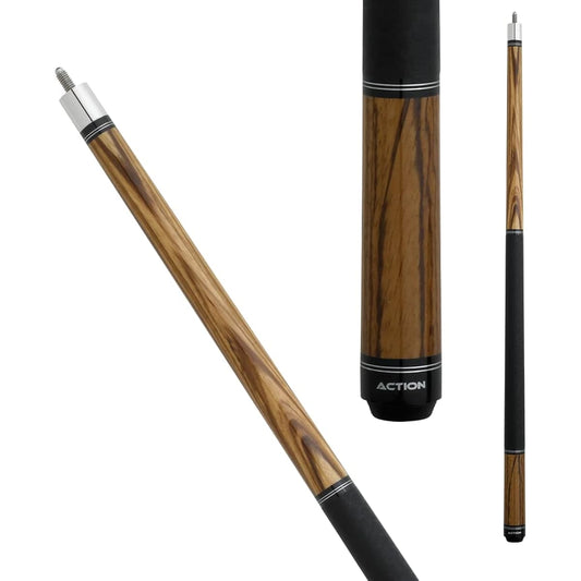 Action Ring Pool Cue Zebrawood 29" Hard Rock Maple 10"-12" ProTaper Layered Boa Skin Tip Double Silver Ring Synthetic Leather Wrap