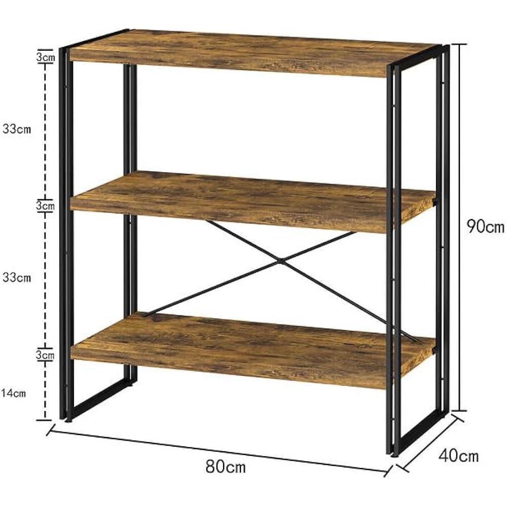 KIBOU KAI Rack Open Shelf Width 80 x Depth 40 x Height 90cm 3 Tiers Stylish Rack Shelf Bookshelf Storage Rack Wooden Wood Grain Open Rack Display Assembly Brown
