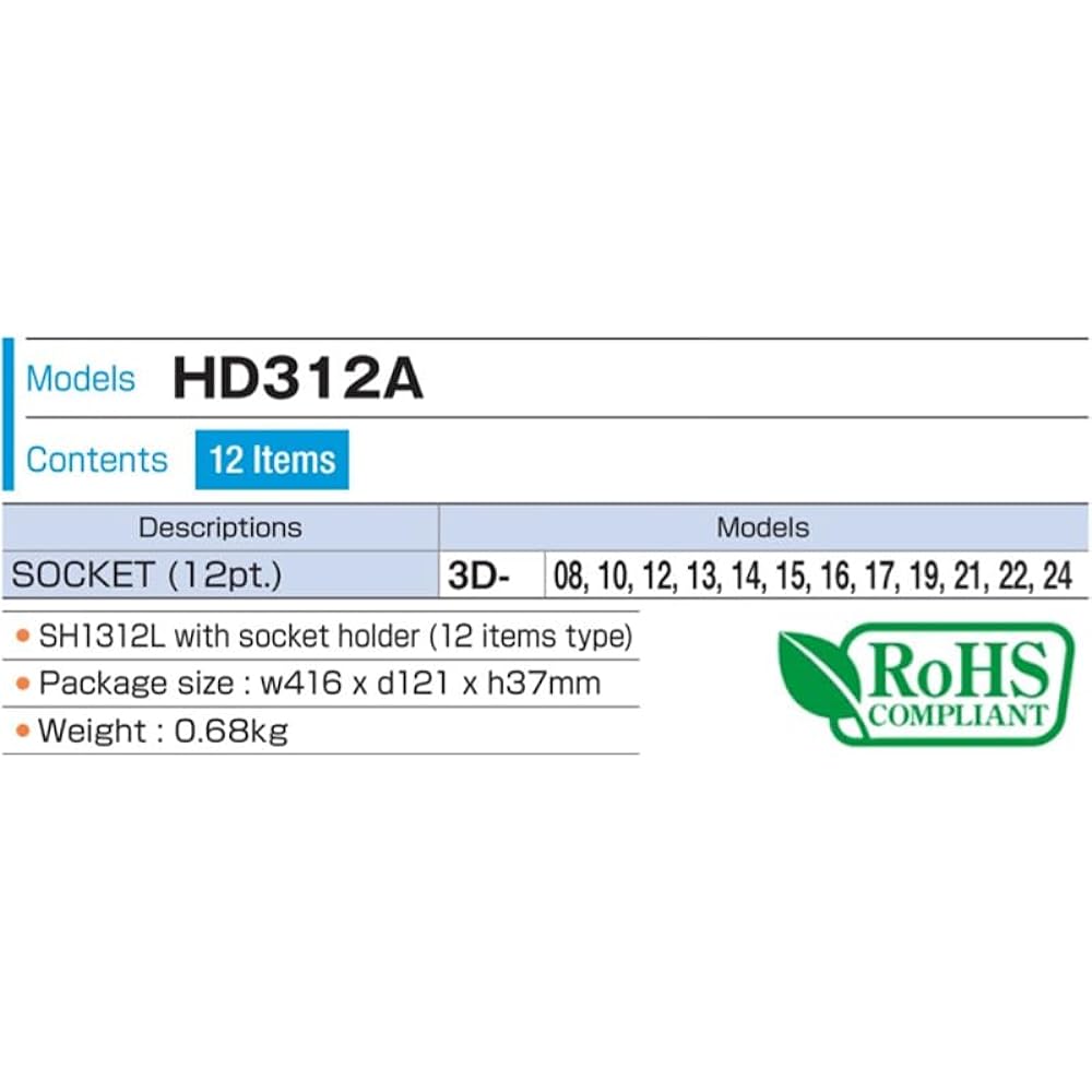 TONE Socket Set (12-sided, with holder) HD312A Drive angle 9.5mm (3/8") Contents 12 items