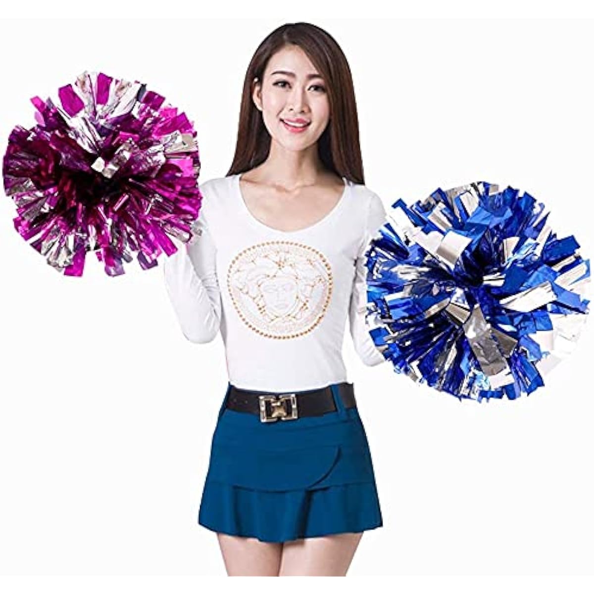 ICYSNOW 2 Pack Plastic Pompoms Cheerleading Pompoms Sport Dance Cheer Plastic Pom Poms Router for Cheer Squads Cheer Teams (Blue+Silver, 13 Inch)