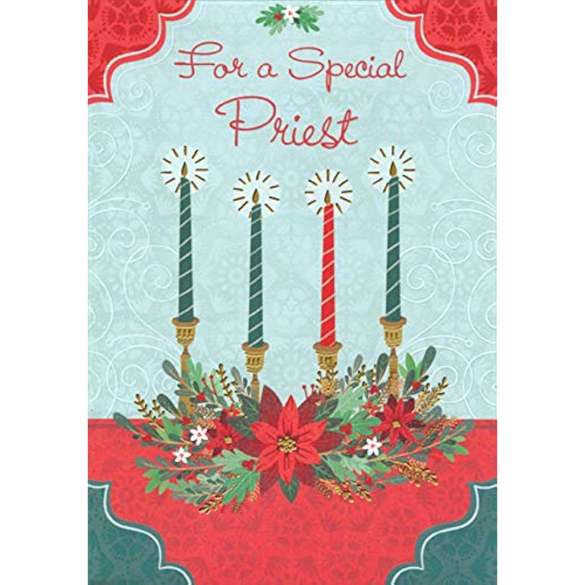 Designer Greetings Four Green and Red Candles: Red, White and Green Floral Religious Christmas Card for Priest
