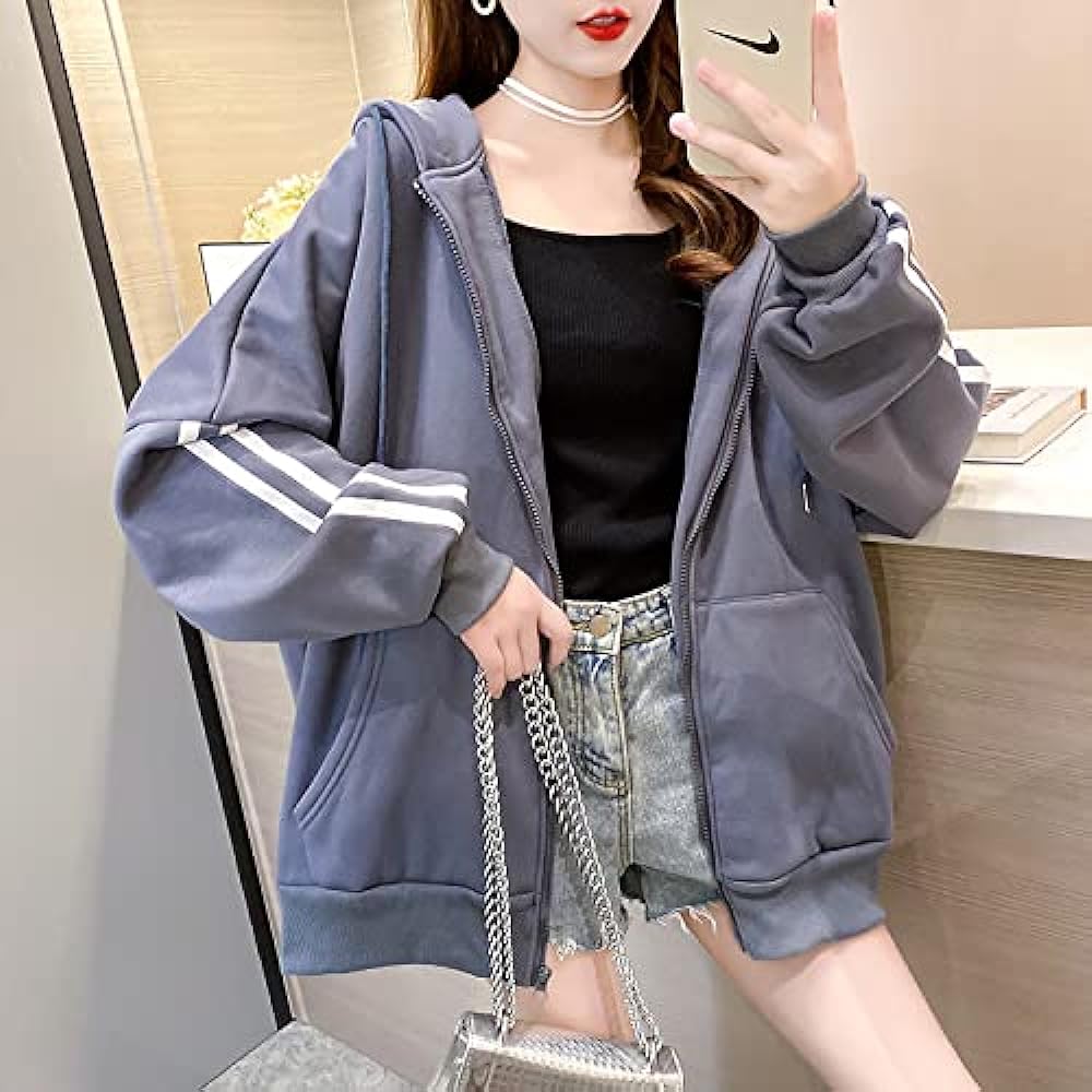 [Milowerge] Oversized front zip hood hoodie, loose, large, cute, stylish, casual, women's, long sleeve, soft to the touch, comfortable to wear, body shape coverage, box silhouette, gray M