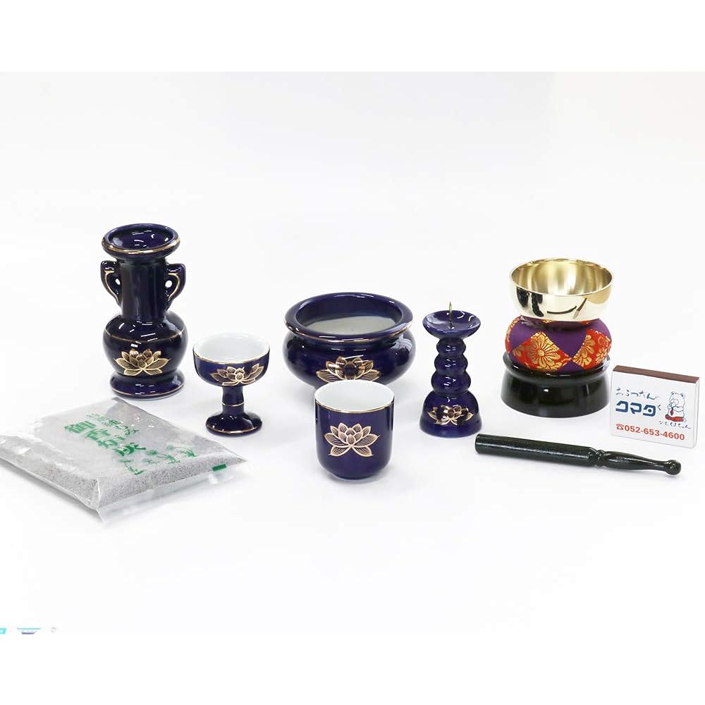 Buddhist altar set, lapis lazuli, gold lotus, pottery, 5 pieces + orin set, incense burner ash and matches included, for modern mini Buddhist altars
