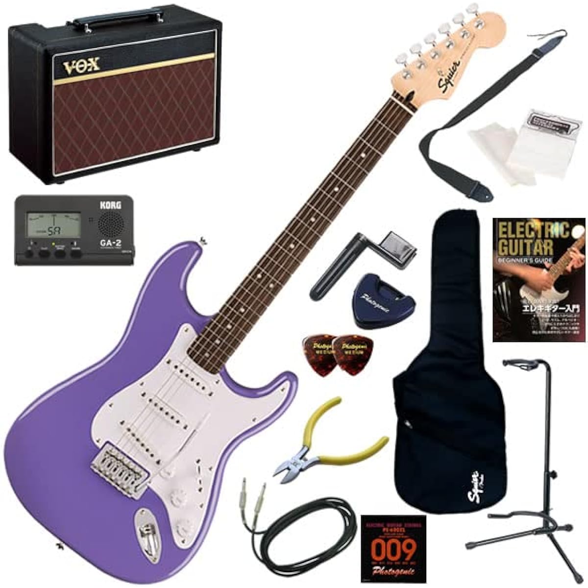 Squier Electric Guitar Beginner's Set: 14-piece set including VOX Pathfinder10, Sonic Stratocaster/UVT (Ultra Violet)