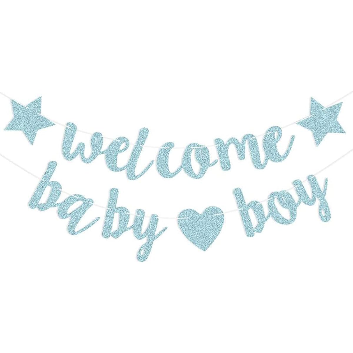 KUNGOON Welcome Baby Boy Party Banner Blue Gold Glitter Paper Sign for Baby Shower, Baby Boy Party Decorations Gifts (Blue)