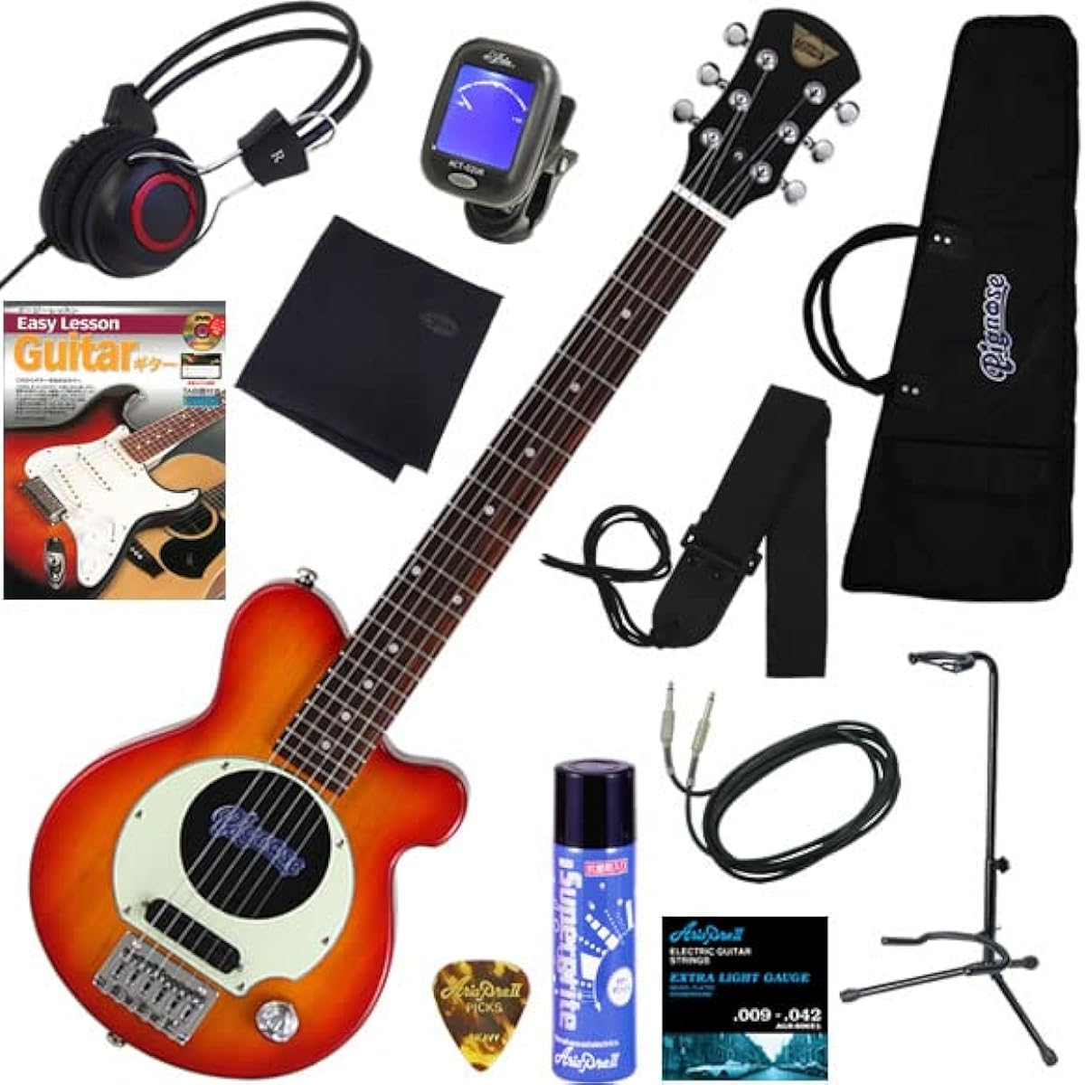 PIGNOSE Electric Guitar with Built-in Amplifier Comes with headphones so you can play without hesitation even at night A complete 12-piece set PGG-200/CS (Cherry Sunburst)