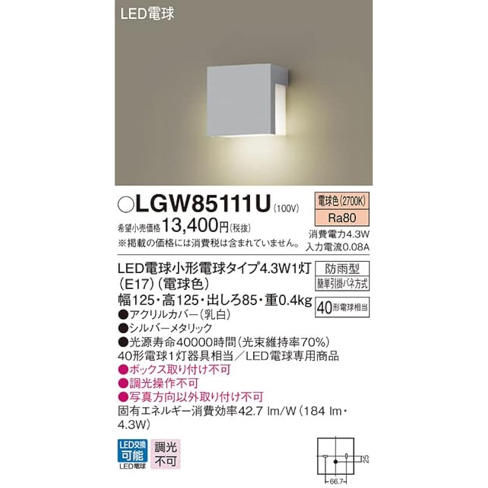 Panasonic LGW85111U Back Exit Light/Nameplate Light Directly Mounted on the Wall Light Bulb Color/Rainproof Type 40 Silver Metallic