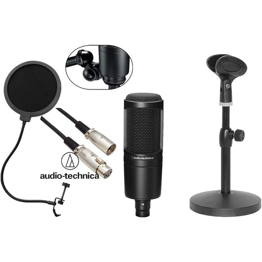 AT2020 Condenser Microphone Safe Starting Tabletop Set 02-3m Genuine Microphone Cable, Pop Blocker, Tabletop Stand Included -