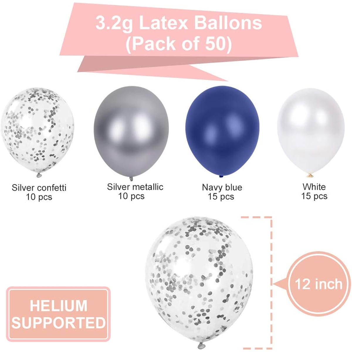 Birthday Balloon Navy Blue Silver White SKYIOL Helium Balloons 50 Pieces 30cm Metallic Confetti Latex Balloons for Boys Christening Baby Shower Birth Wedding Party Decorations