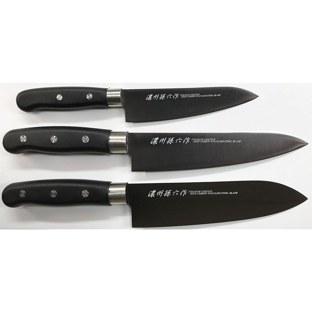 Satake Sangyo Knife Set of 3, Made in Japan, Santoku Knife/Petty Knife/Gyuto Knife, Titanium Coating, Black, Noshu Magoroku HG2803