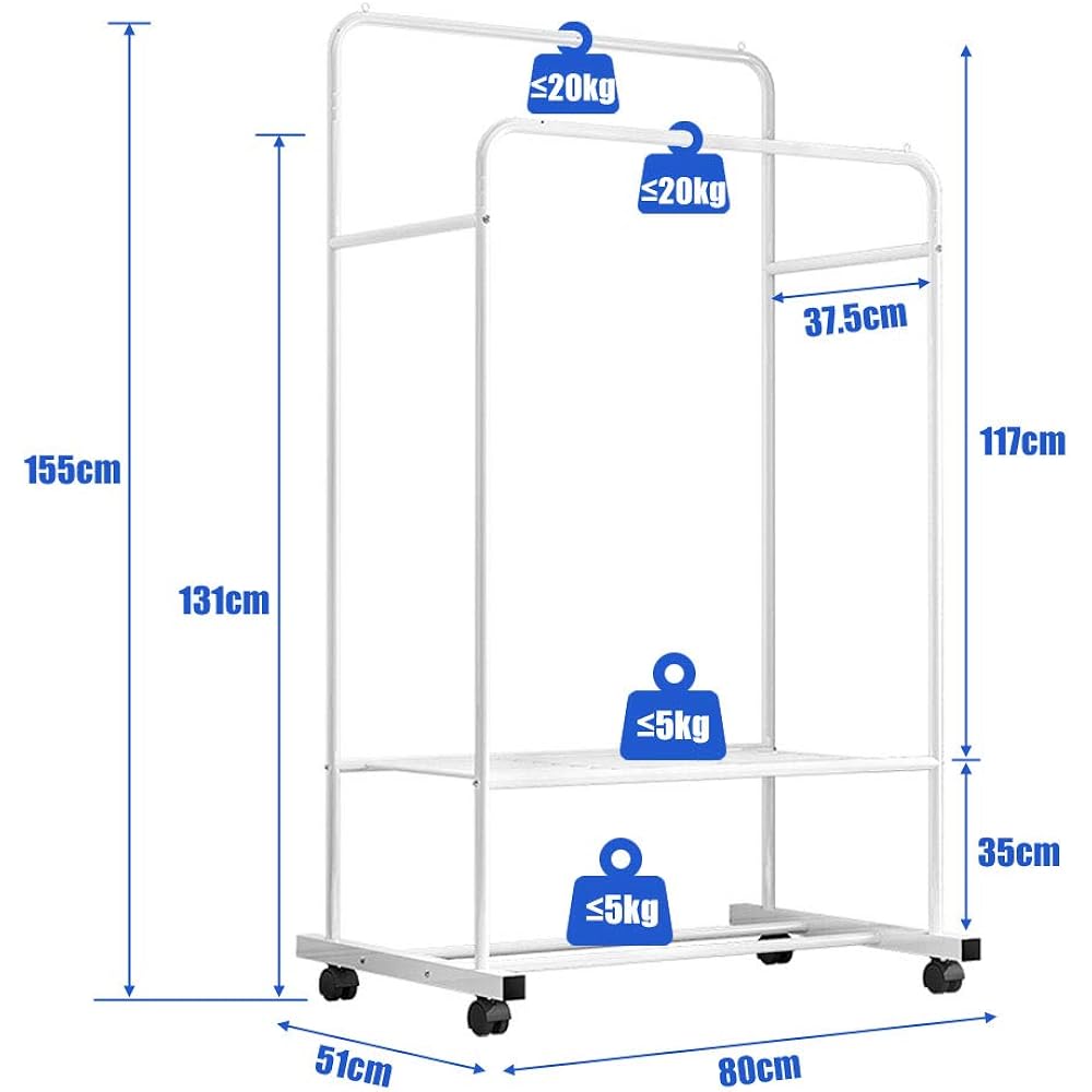 Hanger Rack Double Pipe Hanger with Casters Clothes Rack 2 Tiers Mesh Shelf Steel Rack Durable Closet Clothes Storage Rack Clothes Hanging Room Drying Stand Stylish White