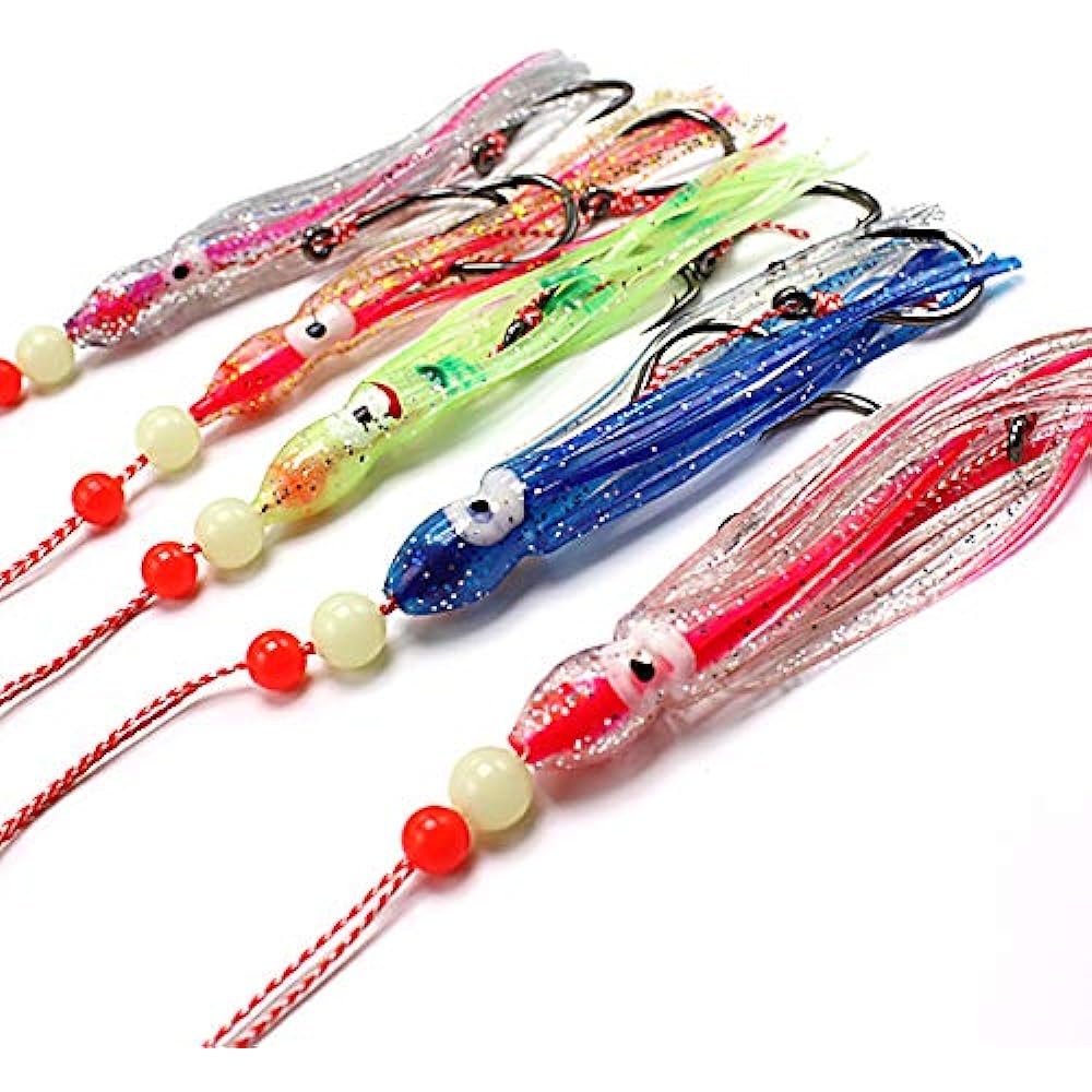 Wellvie Octopus Bait Octopus Fishing Tackle Tagri Lead Replacement Needle Inch 11.5cm Hairtail with Luminous Beads Root Fish Fishing Large Migratory Fish (5 Colors/Set of 10)