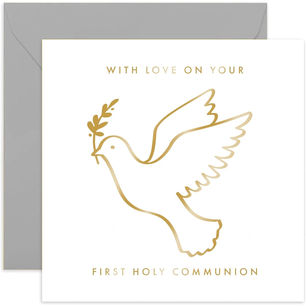 Old English Co. Gold Foil Dove First Communion Card for Him or Her - First Communion Card for Boy or Girl - Religious Faith Special Occasion Card for Families | Blank with Envelope