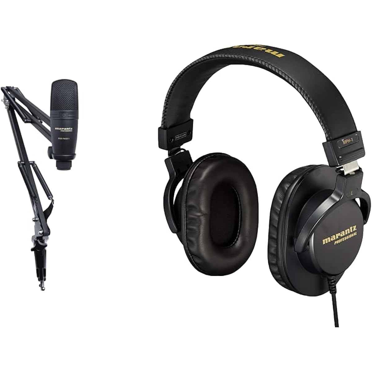 Marantz Pro USB Condenser Microphone with Boom Arm Stand for Telecommuting/Broadcasting/Streaming - Pod Pack 1 and MPH1 Headphones Set