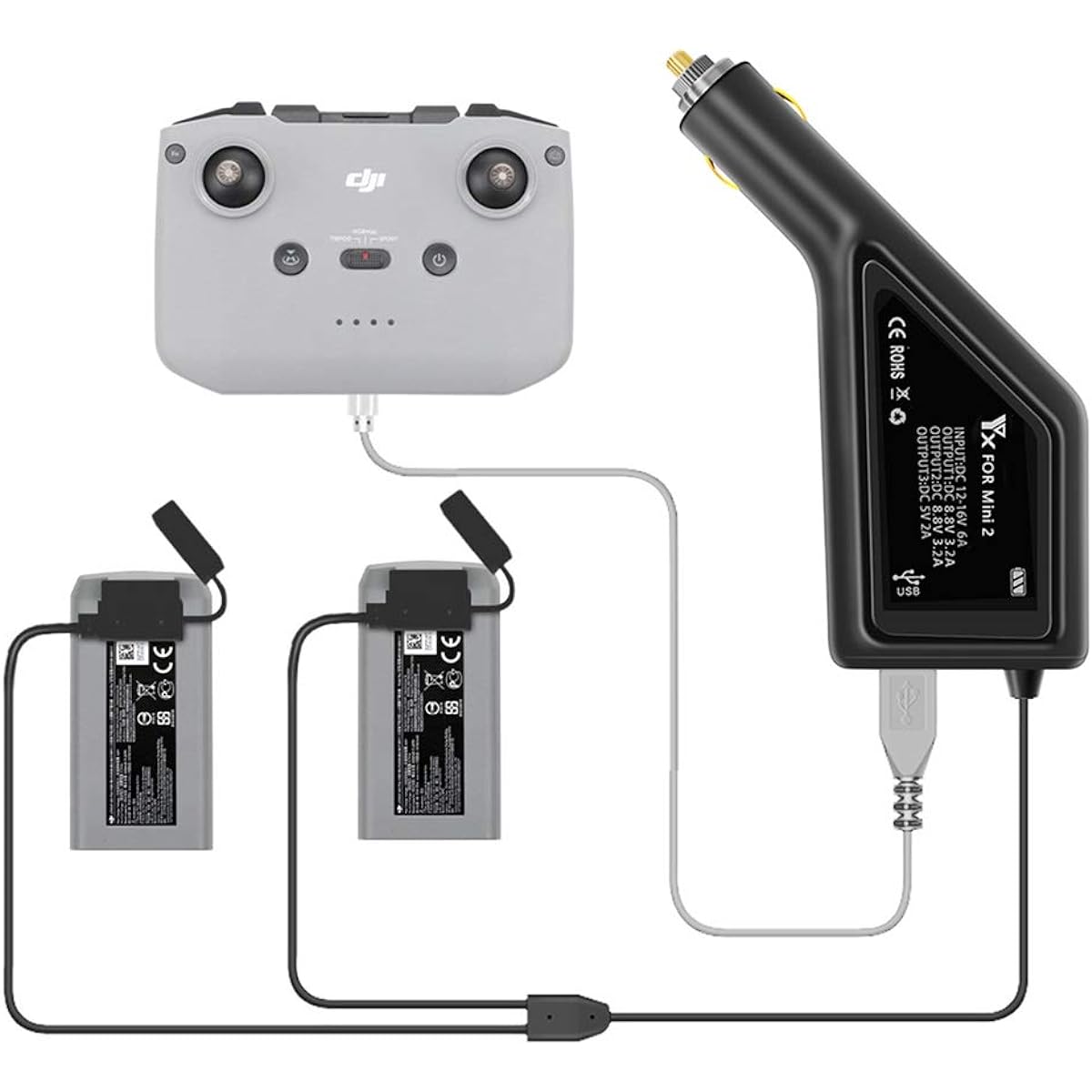 3-in-1 Multi Fast Battery Car Charger for Mavic Mini 2 / Mavic Mini SE Drone Battery and Remote Control for Mini 2 / Mavic Mini SE