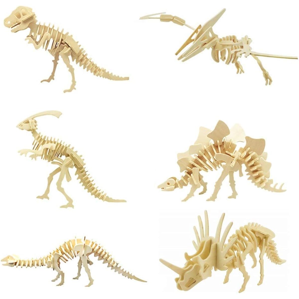 Cherish tea 6 Pieces Set 3D Wooden Dinosaur Puzzle Wooden Dinosaur Skeleton Model Puzzle Set - Wood Craft 3D Puzzle DIY Toy for Kids and Adults