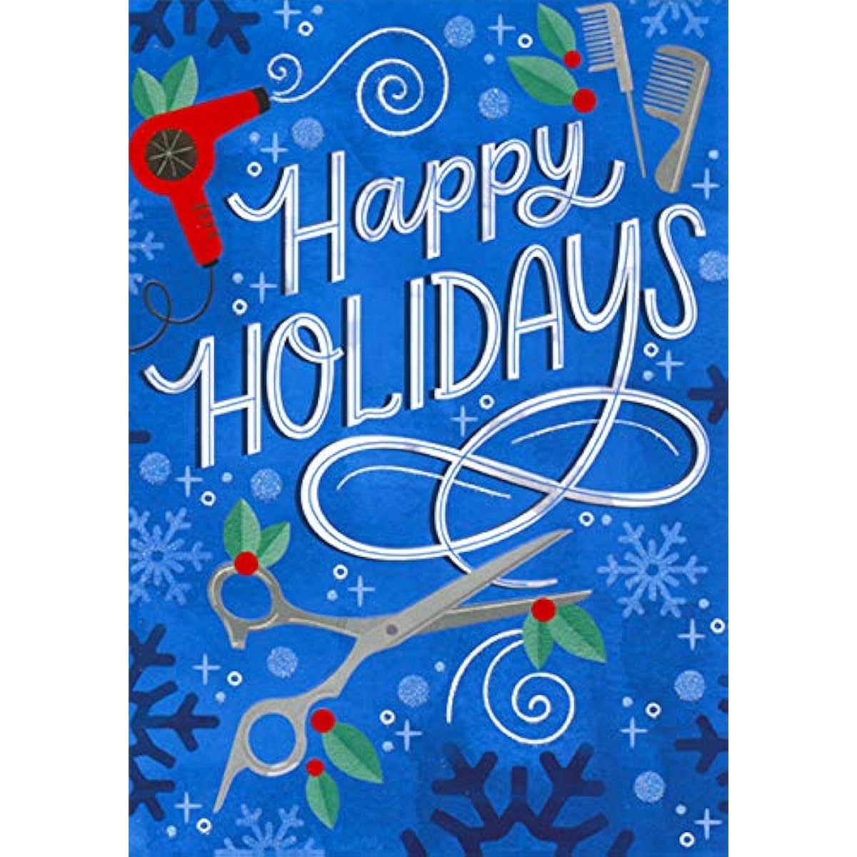Designer Greetings Red hair dryer, grey comb and blue hairdresser's scissors Christmas: Holiday Cards
