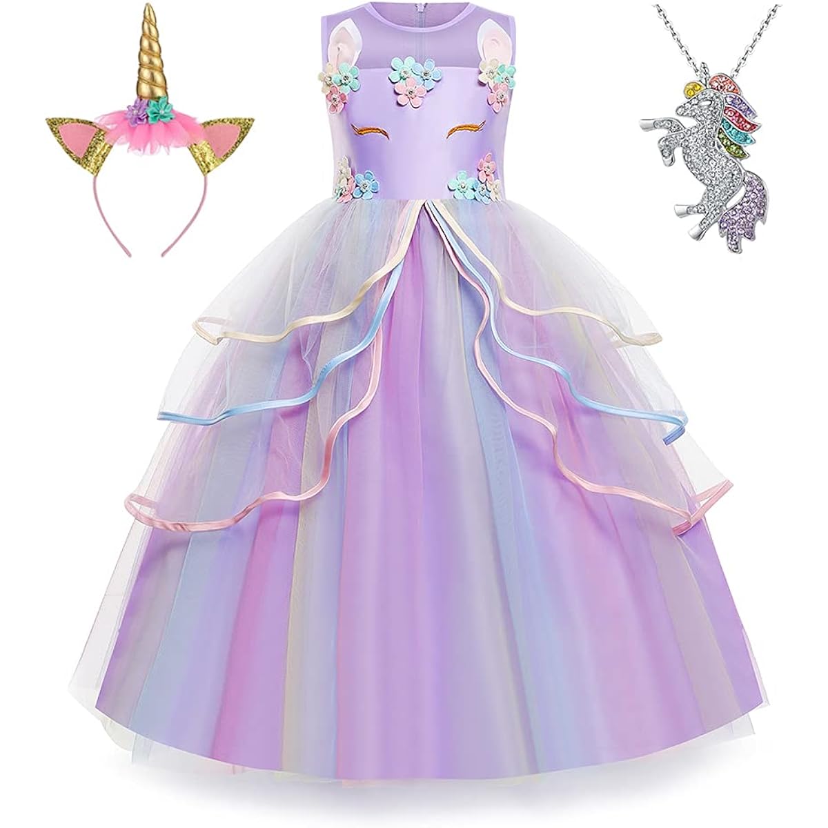 [Heywood] Yipkorra Girls Unicorn Dress Unicorn Costume Pageant Princess Party Long Dress with Headband and Necklace (Purple, 170 11-12 Years)