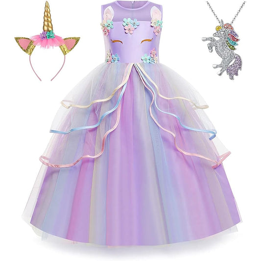[Heywood] Yipkorra Girls Unicorn Dress Unicorn Costume Pageant Princess Party Long Dress with Headband and Necklace (Purple, 170 11-12 Years)