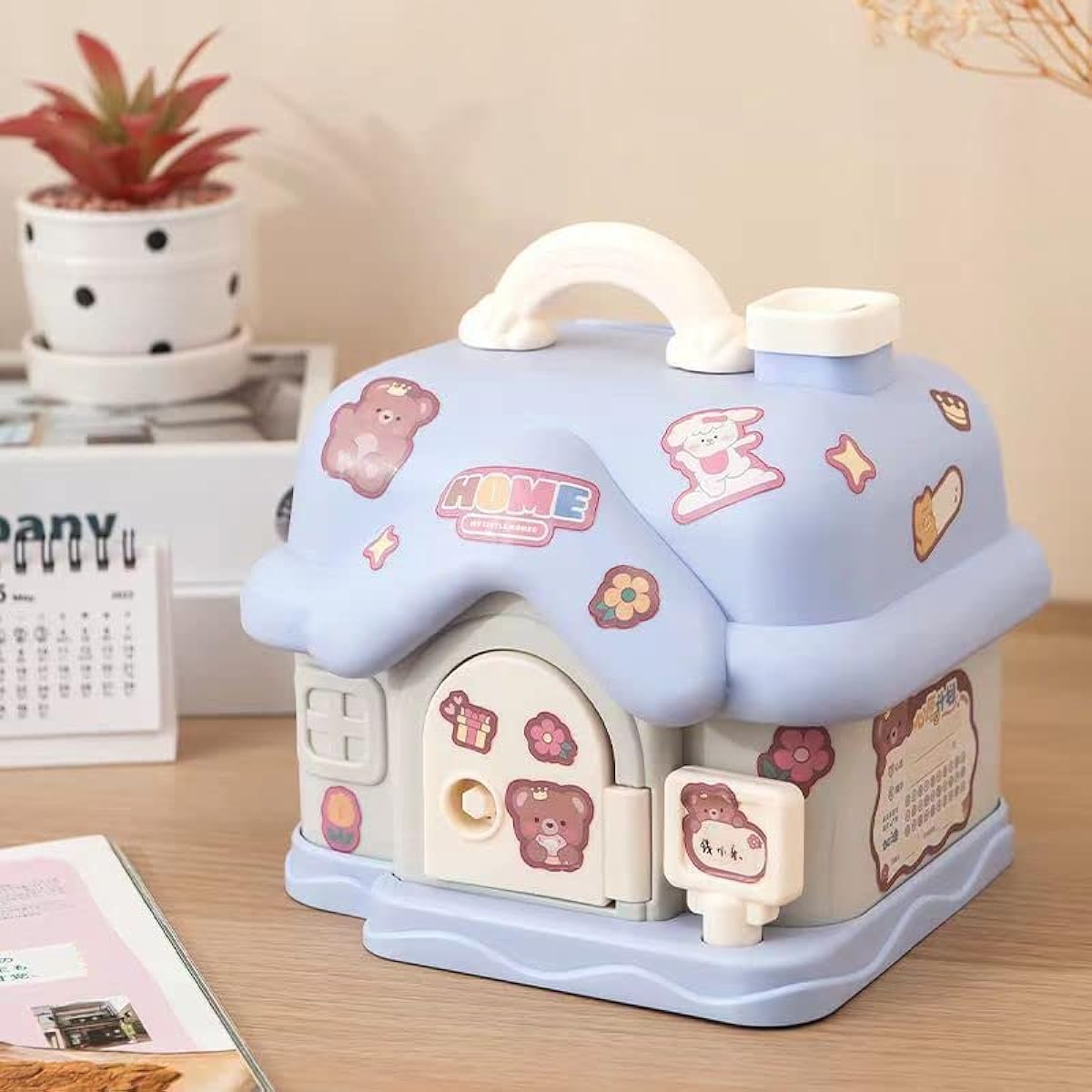 Fairy Tales Cottage Piggy Bank with DIY Sticker Gift & Key Cream House Piggy Bank ATM Gift for Kids (Blue)