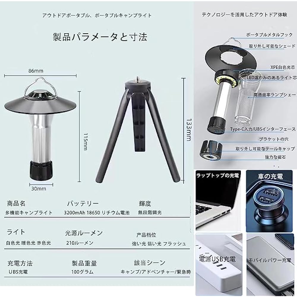 Batone LED Lantern, Camping Lantern, Sumroom, Lantern, Flashlight Function, 2,200 mAH, 4 Lighting Modes, Lantern, Rechargeable, Multi-functional Mini Lantern, Magnetic Base, Plastic Tripod, High