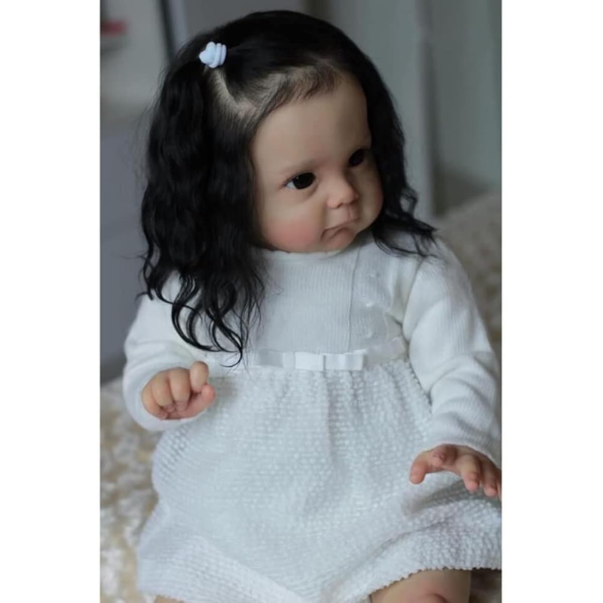 LONIAN 60CM Bebe Doll Reborn Toddler Black Root Hair Soft Touch Body (Blue Eyes)