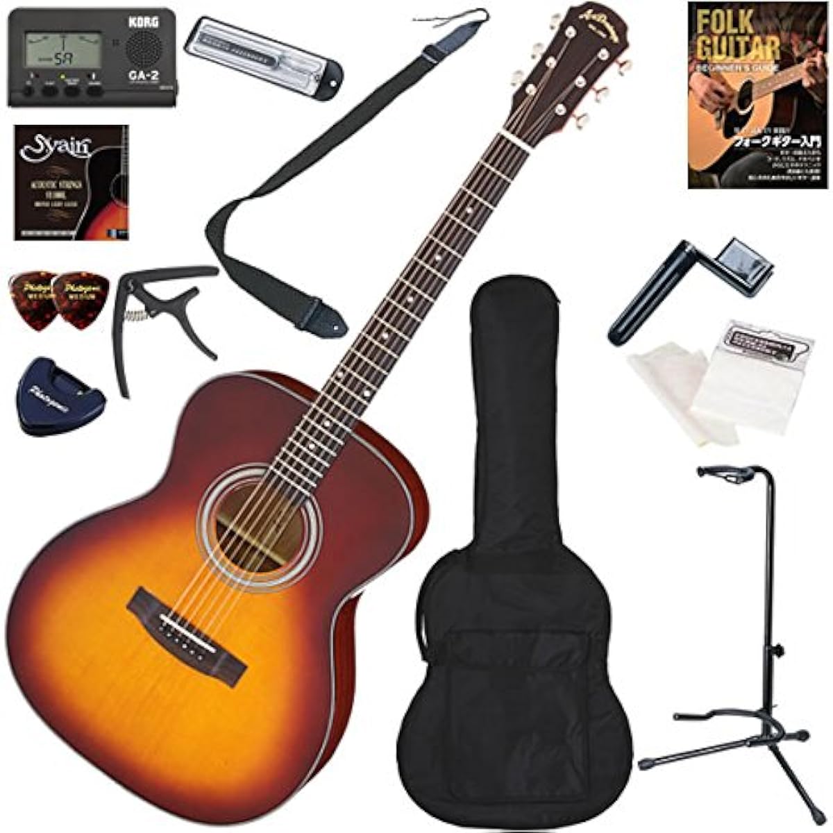 ARIA Acoustic Guitar Beginner's Set, Easy 13-piece Set, AF-201/TS (Tobacco Sunburst)