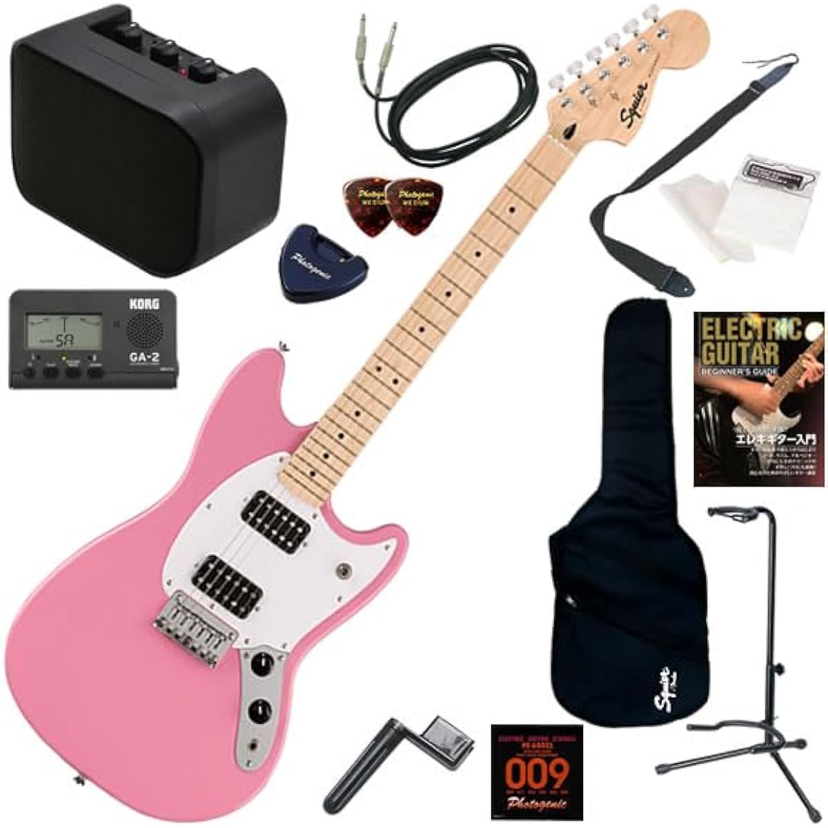 Squier electric guitar beginner's guide, short scale, easy 13-piece set with mini amp, Sonic Mustang HH/FLP (Flash Pink)