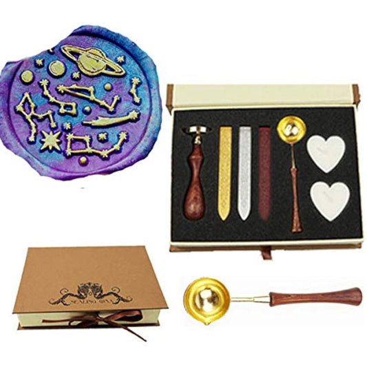 CTEB Space Star Galaxy Sealing Wax Stamp Kit with Wooden Handle Melting Spoon Wax Stick Candle Gift Box Set Decorative Gift Card Wedding Invitation Envelope Letter Sealing Wax Seal Stamp Kit