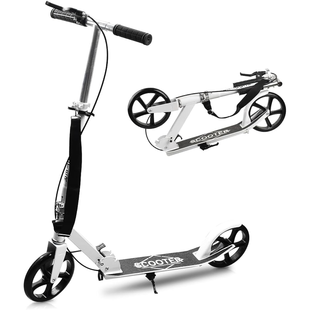 Kickboard Kick Scooter with Shoulder Strap Foldable for Kids and Adults Hand/Foot Brake 4-Level Height Adjustment Stand-On Two-Wheeler Load Capacity 150kg Christmas Gift/Birthday Gift/Children's Day Japanese Instruction Manual