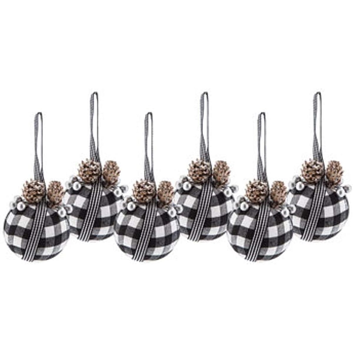 Set of 6 Farmhouse Style Black & White Buffalo Check Ball Ornaments