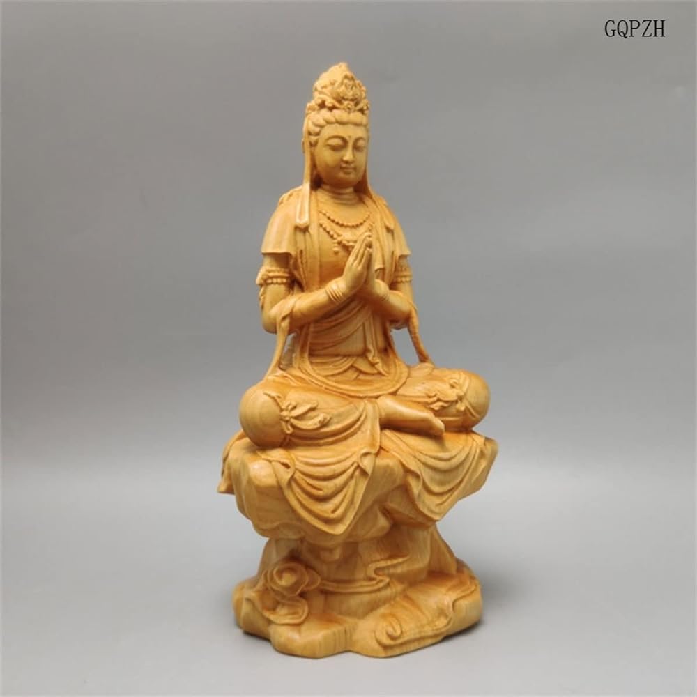 Buddha Statue, Wood Carving, Kannon Bodhisattva Statue, Wood Carving Kannon Bodhisattva Statue, Natural Cliff Oak Wooden Carving, Artwork, Kannon Statue, Feng Shui, Good Luck, Pray, Ward Off Evil (Height 15cm x Width 8cm x Depth 5.5cm)