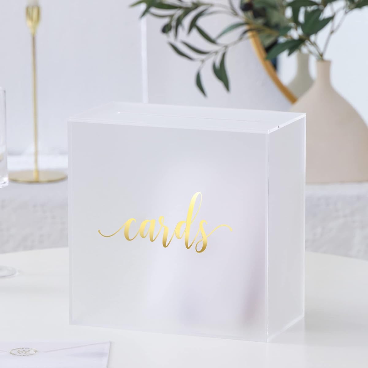 UNIQOOO Frosted Acrylic Wedding Card Box with Slots, Large 10 x 10 x 5.5 Inches with Gold Foil | Wedding Reception, Goodwill, Gold Box, Birthday, Memory Box