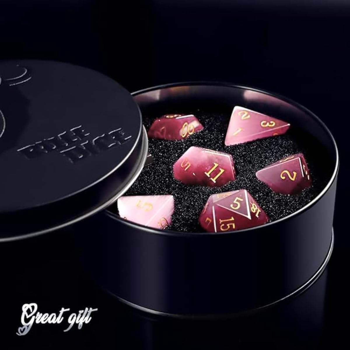 Natural Gem DND Dice Set 7 Pieces Pink Cat's Eye Handmade Polyhedral D&D Dice with Gift Metal Box for Dungeons & Dragons MTG Role Playing Game (Pink Cat's Eye)