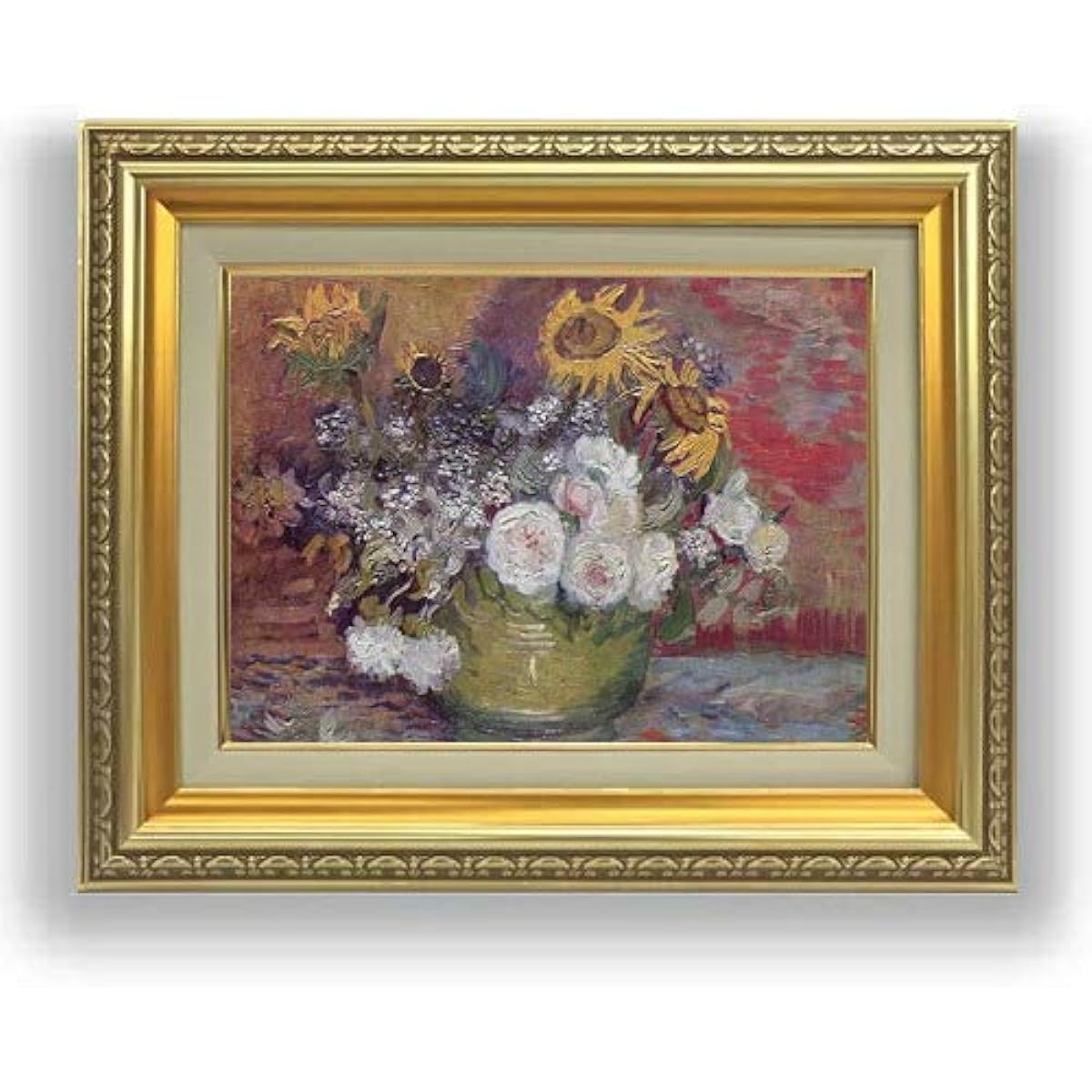 Van Gogh, Vase with Sunflowers, Roses and Other Flowers, F4, Oil Painting, Hand-painted, 477 x 387 mm, Gold Frame, Painting, No. 4, Reproduction